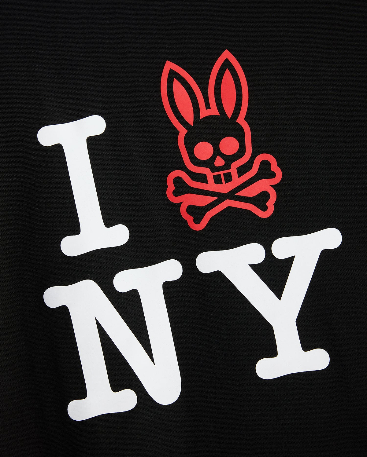 Introducing the MENS NEW YORK TEE - B6U554W1PC by Psycho Bunny: This shirt features a distinctive "I ❤️ NY" design, where the traditional heart is cleverly replaced by a red skull and crossbones with bunny ears. Made from soft Pima cotton for unbeatable comfort, this tee adds a playful twist with its unique bunny logo.