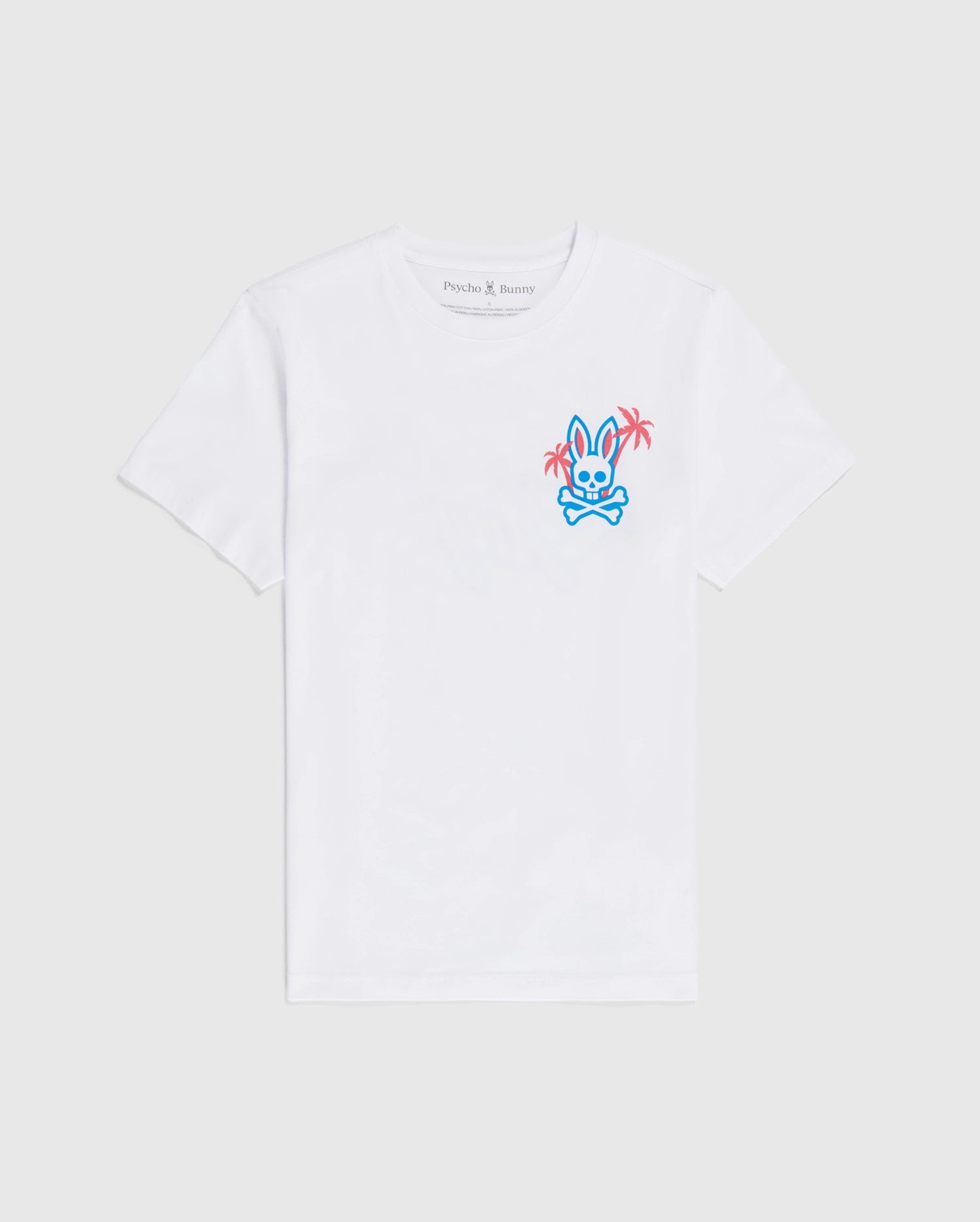 A white short-sleeve Psycho Bunny MENS LOS ANGELES CITY TEE - B6U861A2PC crafted from premium Pima cotton, featuring a small colorful design of a blue bunny head with pink ears and crossbones beneath it on the left chest area. The text "Psycho Bunny" is visible on the interior collar, adding a retro Dodgers vibe.