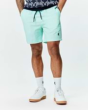 Mens Samos Hydrochromic Printed Swim Trunk 6, light mint green with a classic fit, smooth quick-dry fabric, navy drawstring featuring Psycho Bunny text, and a small embroidered navy bunny skull logo on the left leg.