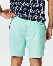 Mens Samos Hydrochromic Printed Swim Trunk 6 in mint green, featuring a smooth quick-dry fabric, classic fit, back welt pocket, and a small Psycho Bunny side seam tag.