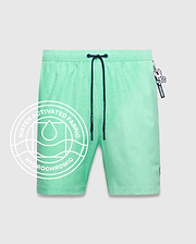 Mens Samos Hydrochromic Printed Swim Trunk 6 in mint green, featuring a subtle hydrochromic bunny skull pattern, dark blue drawstring with Psycho Bunny tips, and an elastic waistband.