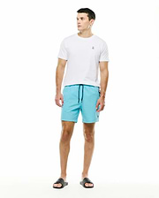Mens Samos Hydrochromic Swim Trunks in aqua blue, featuring a black drawstring and small embroidered Psycho Bunny logo, complemented by a classic fit white jersey t-shirt with a small embroidered skull on the left chest. (5)