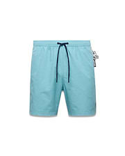 Mens Samos Hydrochromic Swim Trunks in light blue, with dark blue drawstring, Psycho Bunny logo tips, an embroidered skull logo on the left leg, and a Psycho Bunny skull logo tag on the right hip. (1)