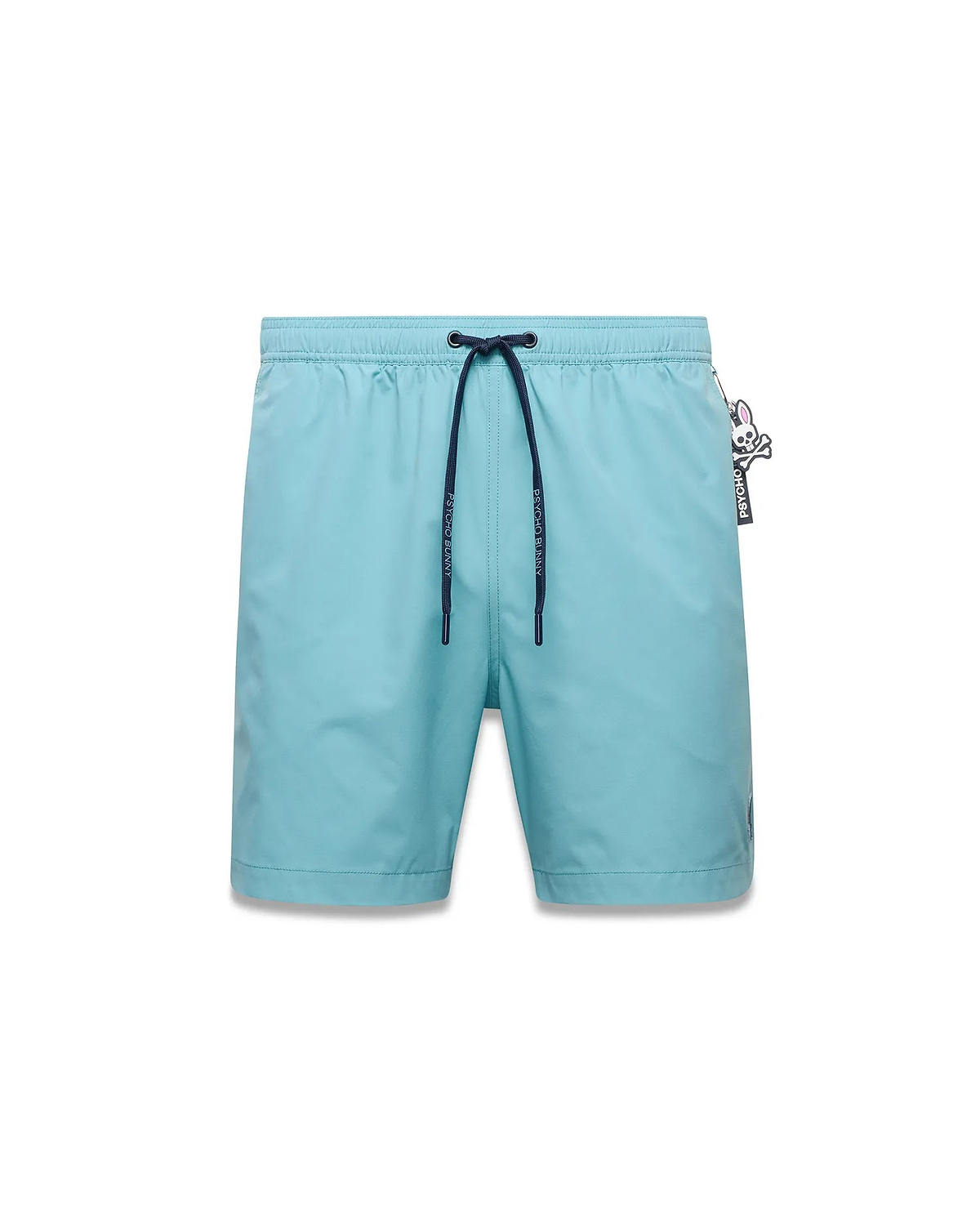 Mens Samos Hydrochromic Swim Trunks in light blue, with dark blue drawstring, Psycho Bunny logo tips, an embroidered skull logo on the left leg, and a Psycho Bunny skull logo tag on the right hip. (1)