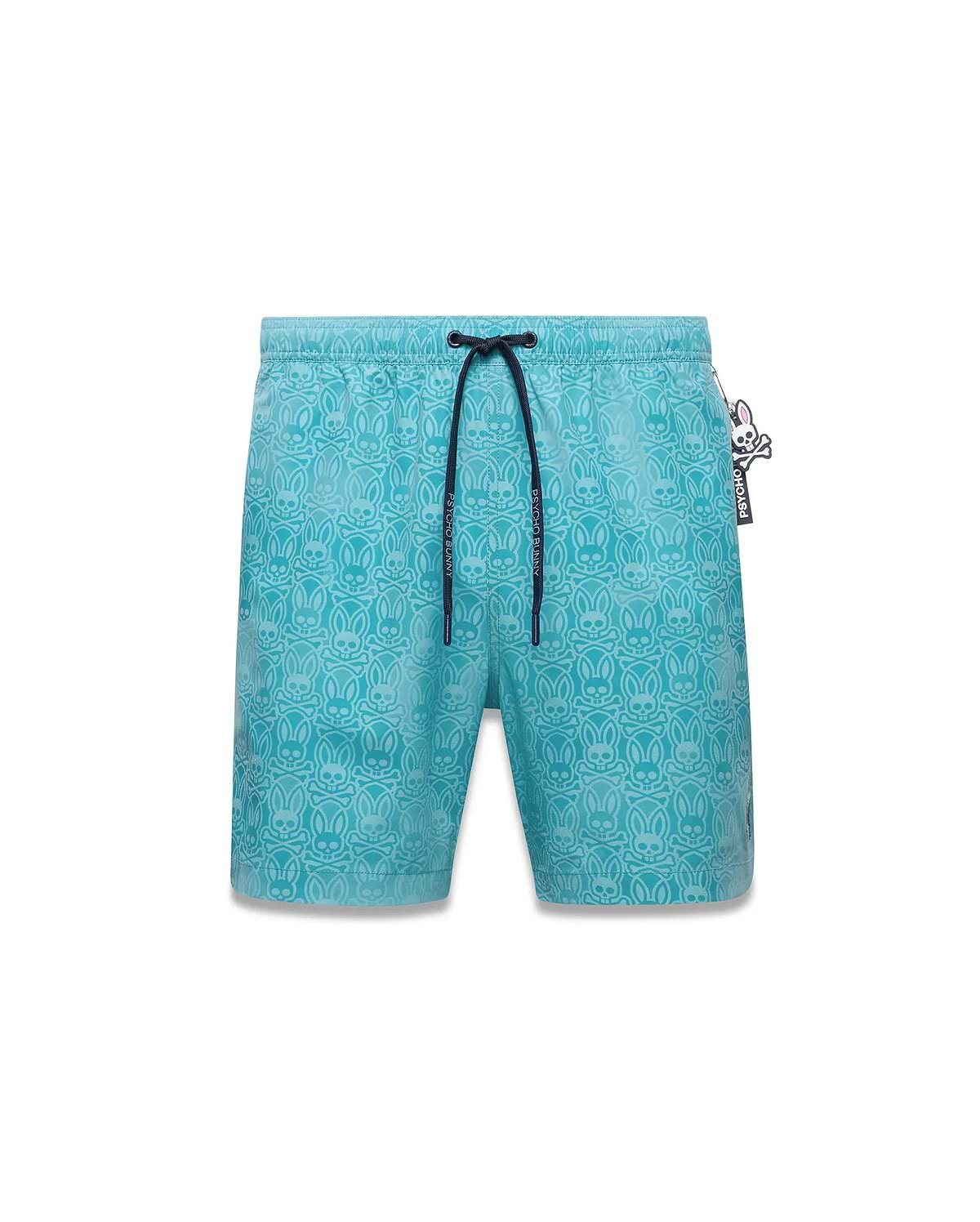 Mens Samos Hydrochromic Swim Trunks, aqua blue with an all-over tonal Psycho Bunny skull and crossbones pattern. Features an elastic waist, dark blue drawstring with Psycho Bunny text, and a side logo tag. (6)