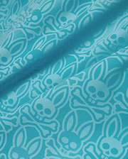 Mens Samos Hydrochromic Swim Trunks in vibrant teal, featuring a tone-on-tone all-over pattern of the iconic Psycho Bunny skull and crossbones logo on a smooth, durable swim fabric. (7)