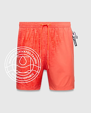 Mens Samos Hydrochromic Printed Swim Trunk in vibrant coral, featuring a water-activated, tone-on-tone Psycho Bunny skull pattern, orange drawstring, and a relaxed fit. (1)