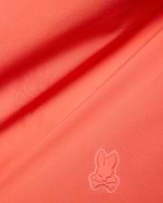 Vibrant Coral Mens Samos Hydrochromic Printed Swim Trunk, crafted from smooth premium swimwear fabric, featuring a raised tonal rubberized Psycho Bunny skull logo. (7)