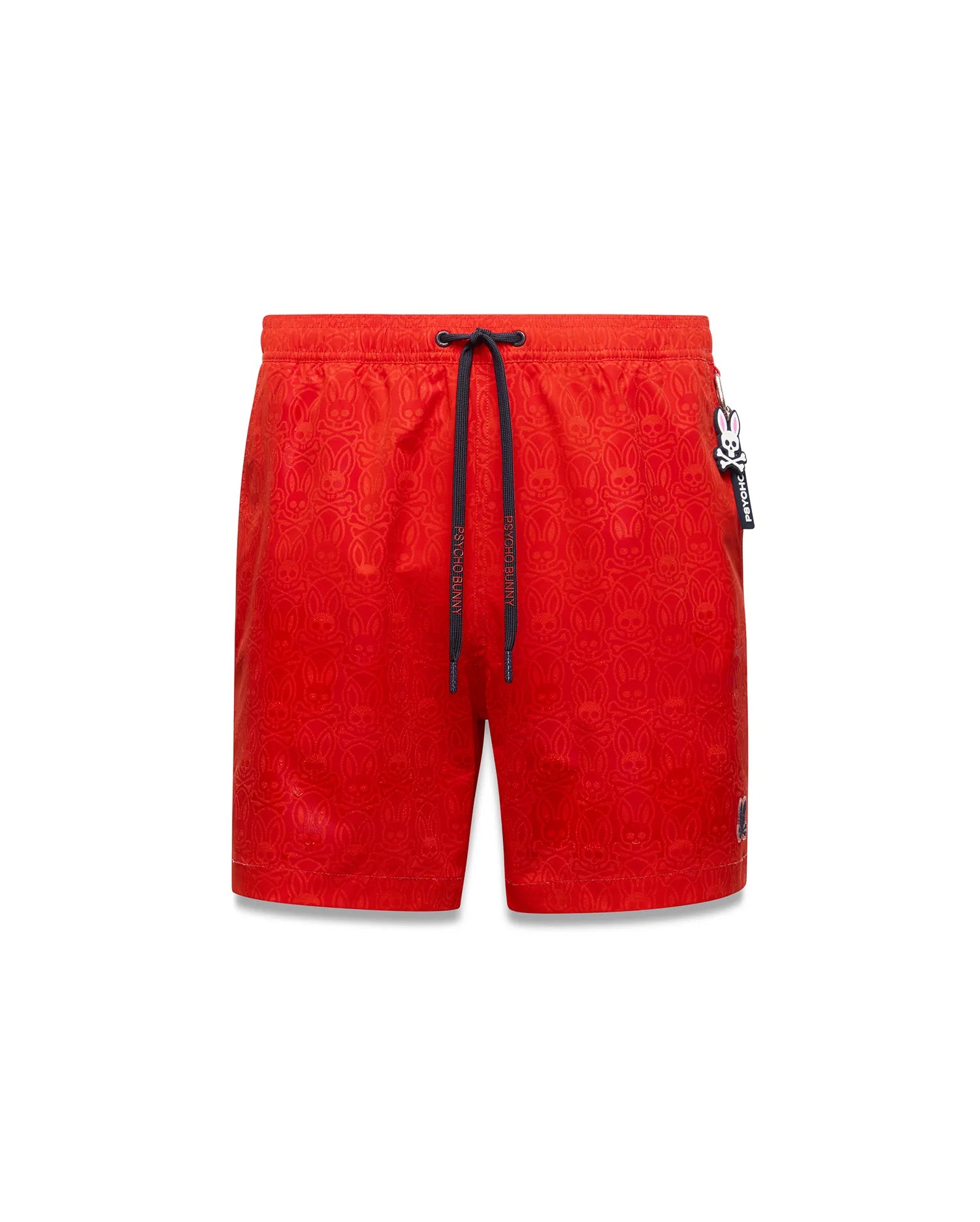 Mens Samos Hydrochromic Printed Swim Trunk, vibrant red with an all-over subtle bunny skull print, dark blue Psycho Bunny drawstrings, small embroidered logo, and a detachable charm.
