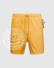 Goldenrod yellow Mens Samos Hydrochromic Printed Swim Trunk with a water-activated tonal bunny skull pattern, elastic drawstring waist featuring Psycho Bunny text, and a small embroidered logo. (1)