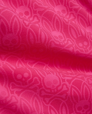 Vibrant fuchsia Mens Samos Hydrochromic Printed Swim Trunk 6, showcasing a subtle, all-over tone-on-tone Psycho Bunny skull and crossbones pattern on smooth fabric. (7)