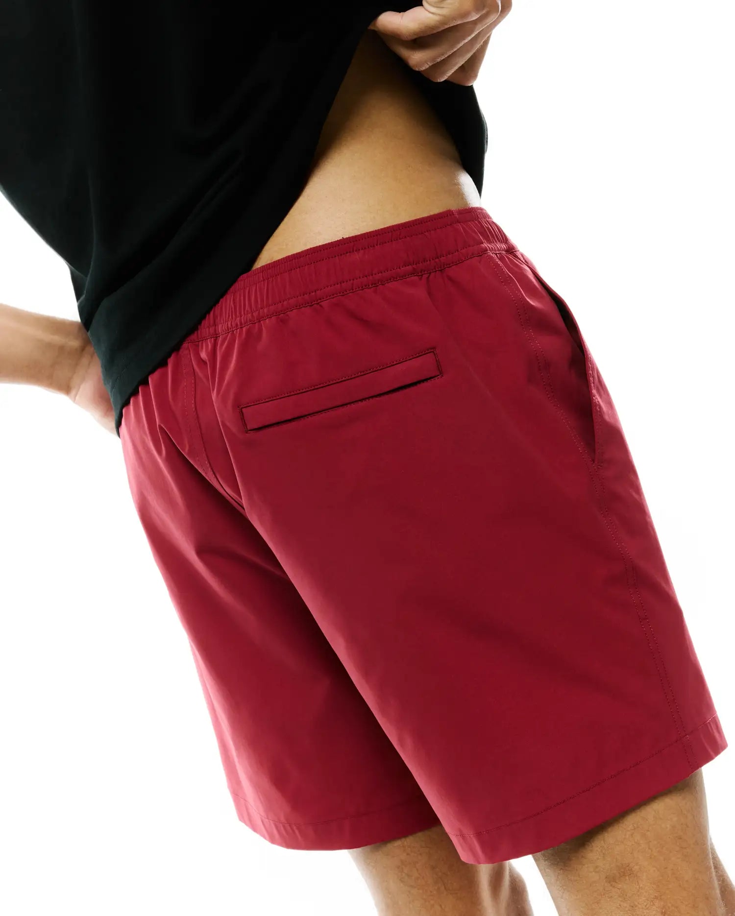 Mens Samos Hydrochromic Printed Swim Trunk in deep red, featuring a relaxed fit, smooth quick-dry fabric, elastic waistband, side pockets, and a back welt pocket.