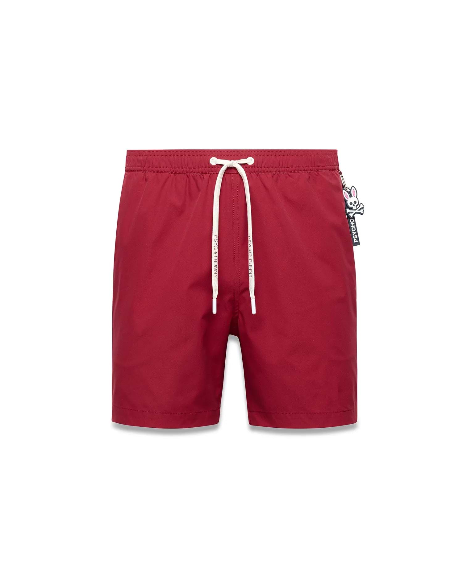 Mens Samos Hydrochromic Printed Swim Trunk in deep red, featuring a relaxed fit, smooth quick-dry fabric, white drawstrings with Psycho Bunny text, and a small Psycho Bunny skull logo tag on the right hip.