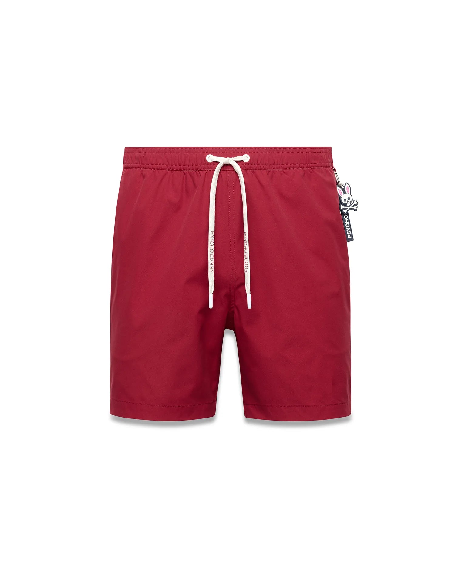 Mens Samos Hydrochromic Printed Swim Trunk in deep red, featuring a relaxed fit, smooth quick-dry fabric, white drawstrings with Psycho Bunny text, and a small Psycho Bunny skull logo tag on the right hip.