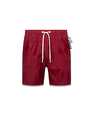 Mens Samos Hydrochromic Printed Swim Trunk in deep red with an all-over subtle bunny skull pattern, white drawstrings featuring Psycho Bunny text, and a side logo tag.