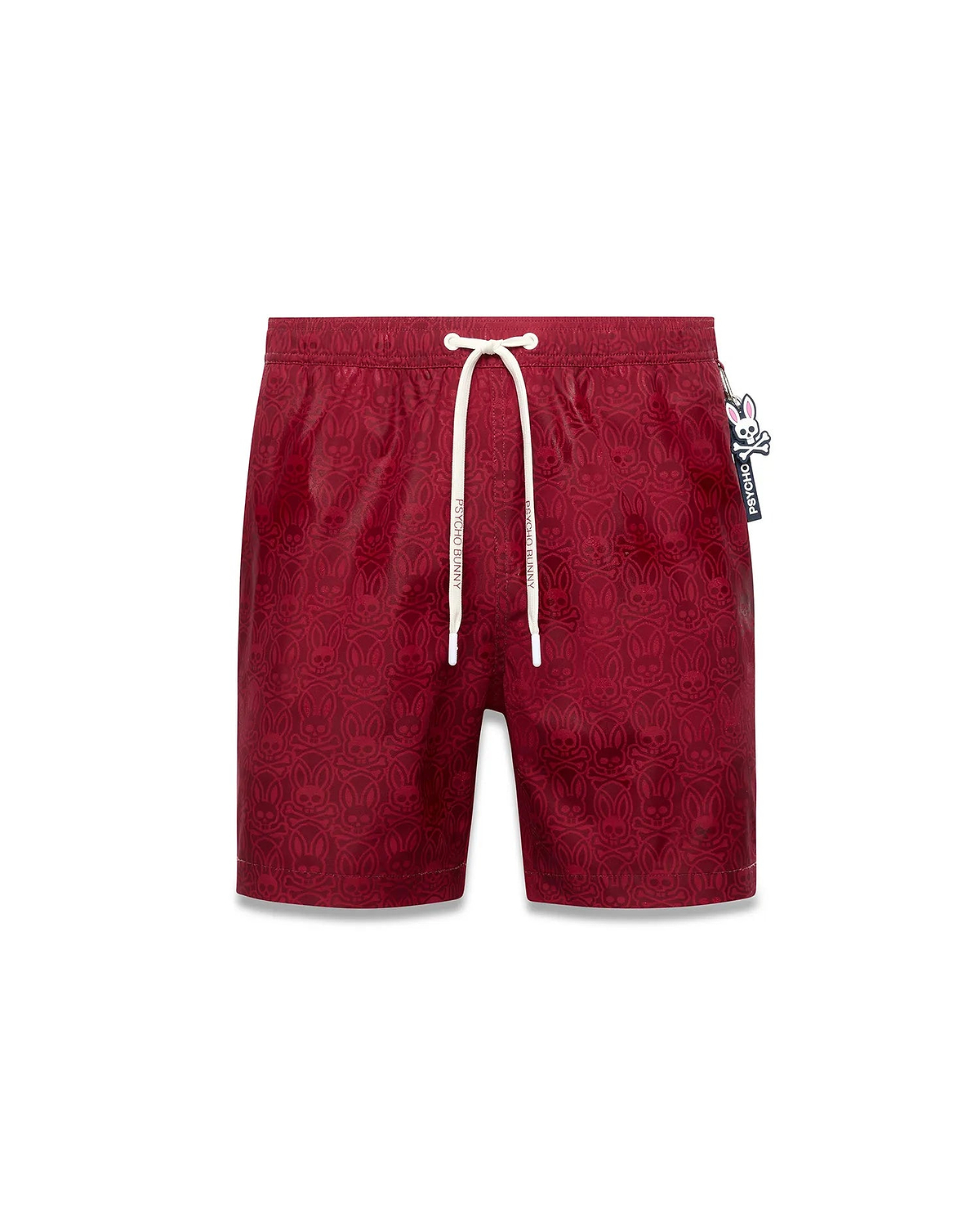 Mens Samos Hydrochromic Printed Swim Trunk in deep red with an all-over subtle bunny skull pattern, white drawstrings featuring Psycho Bunny text, and a side logo tag.