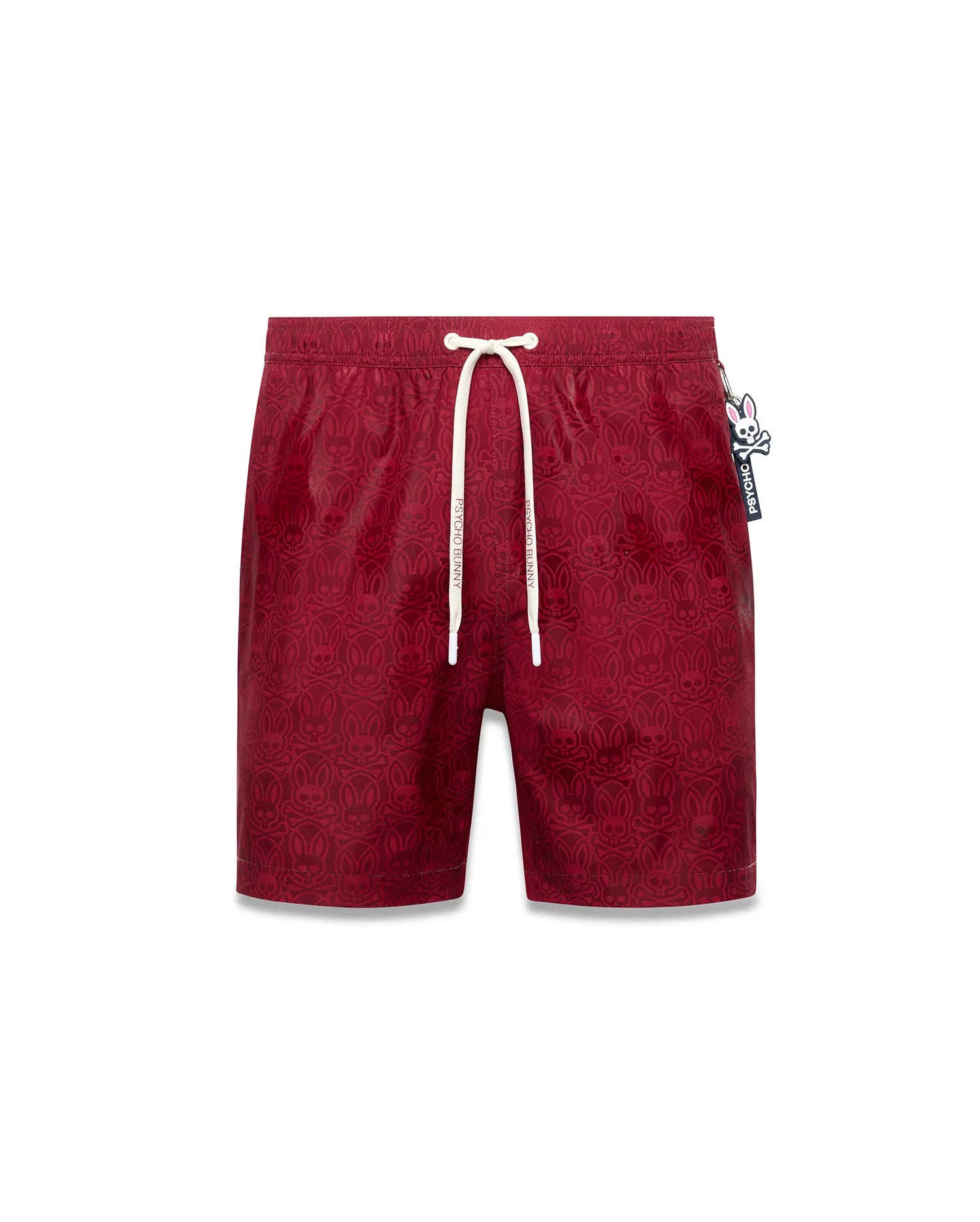 Mens Samos Hydrochromic Printed Swim Trunk in deep red with an all-over subtle bunny skull pattern, white drawstrings featuring Psycho Bunny text, and a side logo tag.