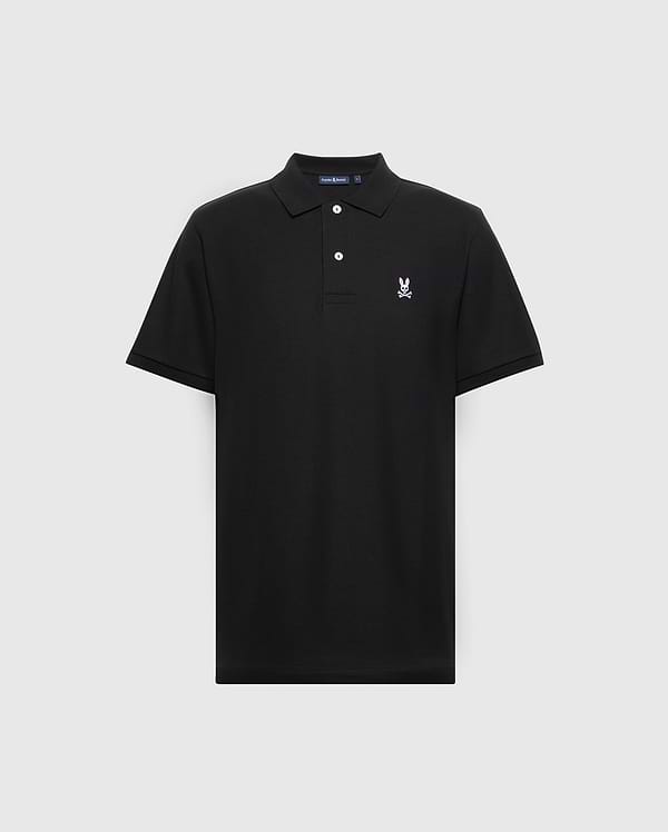 The Psycho Bunny MENS BIG AND TALL CLASSIC PIQUE POLO SHIRT (B9K001ARPC) features black Pima cotton, short sleeves, a classic collar with two white buttons, and a small white embroidered logo on the left chest.