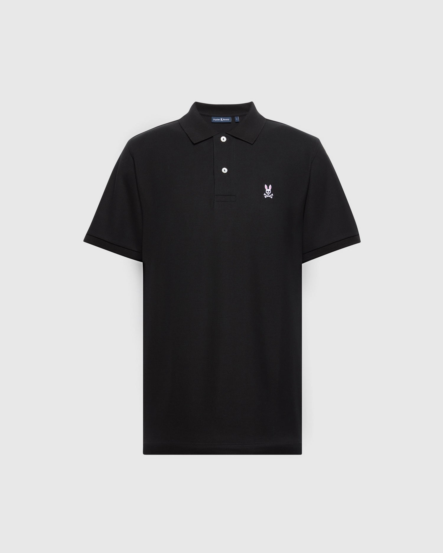 The Psycho Bunny MENS BIG AND TALL CLASSIC PIQUE POLO SHIRT (B9K001ARPC) features black Pima cotton, short sleeves, a classic collar with two white buttons, and a small white embroidered logo on the left chest.