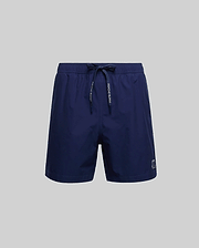 The Psycho Bunny MENS BIG AND TALL SAMOS HYDROCHROMIC SWIM TRUNK (B9W453F200) in navy features an elastic waistband, drawstring ties, mesh lining, and a small embroidered logo on the left leg, shown against a light gray background.