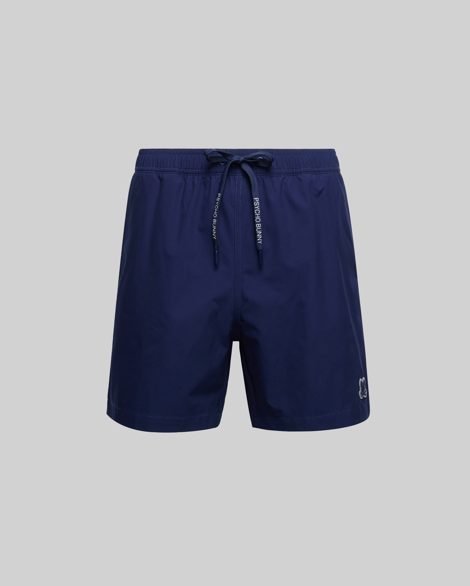 The Psycho Bunny MENS BIG AND TALL SAMOS HYDROCHROMIC SWIM TRUNK (B9W453F200) in navy features an elastic waistband, drawstring ties, mesh lining, and a small embroidered logo on the left leg, shown against a light gray background.