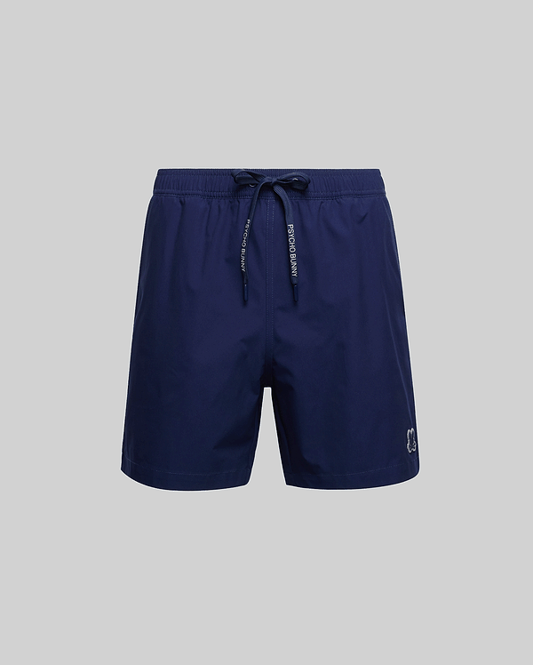 The Psycho Bunny MENS BIG AND TALL SAMOS HYDROCHROMIC SWIM TRUNK (B9W453F200) in navy features an elastic waistband, drawstring ties, mesh lining, and a small embroidered logo on the left leg, shown against a light gray background.