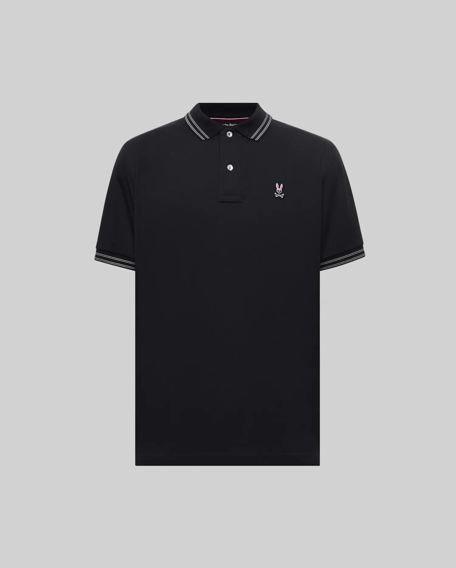 Mens Big And Tall Kenyon Lightweight Pique Polo in black, featuring a small pink embroidered Psycho Bunny skull logo on the left chest and white striped collar and cuffs.