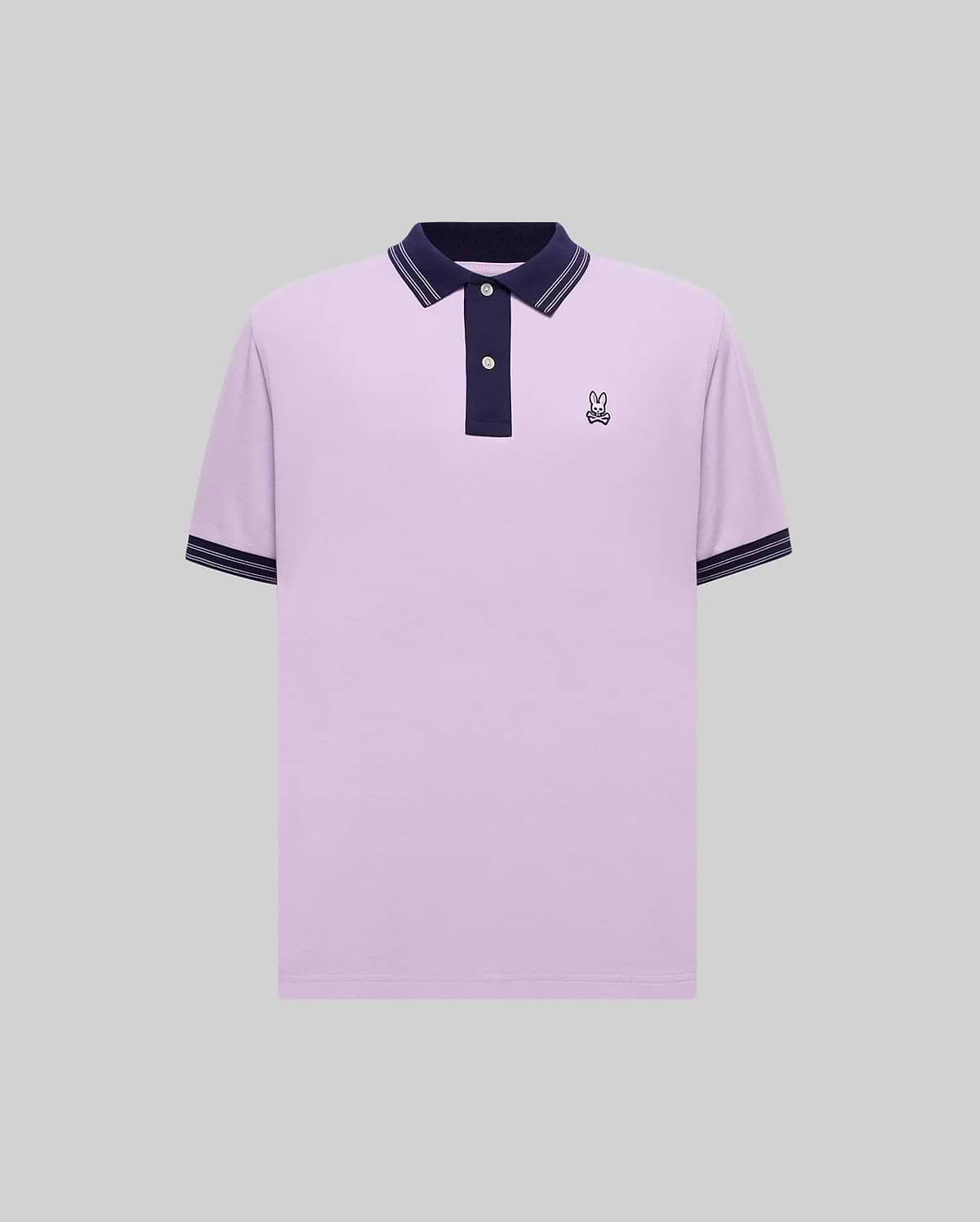 Mens Big And Tall Kenyon Lightweight Pique Polo in classic fit lavender pique, featuring a navy blue collar, placket, and tipped cuffs, with an embroidered Psycho Bunny skull logo on the left chest.