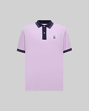 Mens Big And Tall Kenyon Lightweight Pique Polo in classic fit lavender pique, featuring a navy blue collar, placket, and tipped cuffs, with an embroidered Psycho Bunny skull logo on the left chest.