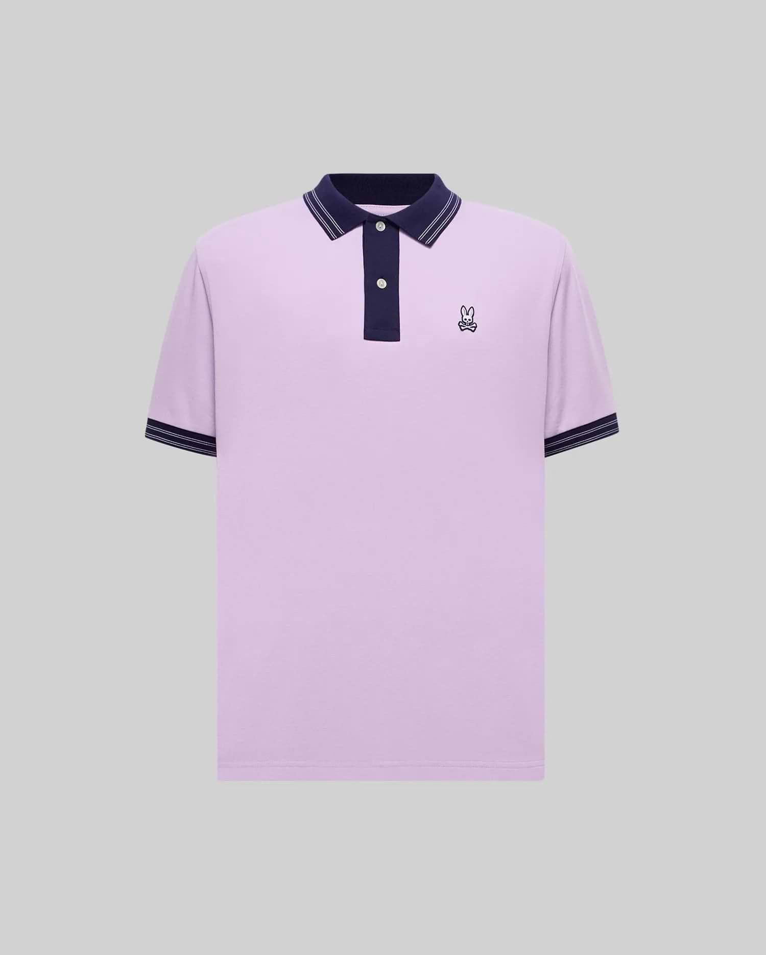 Mens Big And Tall Kenyon Lightweight Pique Polo in classic fit lavender pique, featuring a navy blue collar, placket, and tipped cuffs, with an embroidered Psycho Bunny skull logo on the left chest.