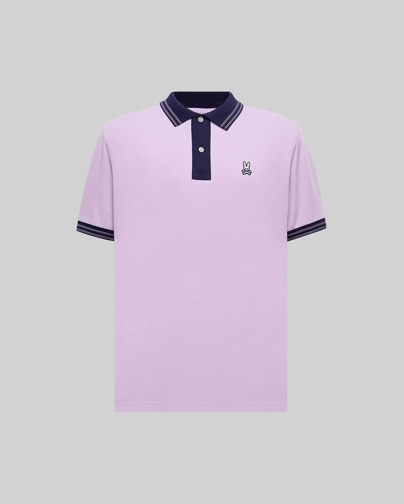 Mens Big And Tall Kenyon Lightweight Pique Polo in classic fit lavender pique, featuring a navy blue collar, placket, and tipped cuffs, with an embroidered Psycho Bunny skull logo on the left chest.