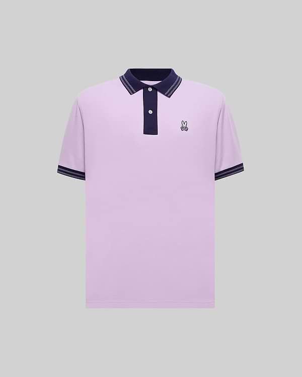 Mens Big And Tall Kenyon Lightweight Pique Polo in classic fit lavender pique, featuring a navy blue collar, placket, and tipped cuffs, with an embroidered Psycho Bunny skull logo on the left chest.