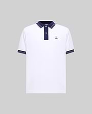 Mens Big And Tall Kenyon Lightweight Pique Polo in white, featuring a navy blue collar with red stripes, two-button placket, and ribbed cuffs with red stripes. Small embroidered Psycho Bunny logo on left chest. (1)