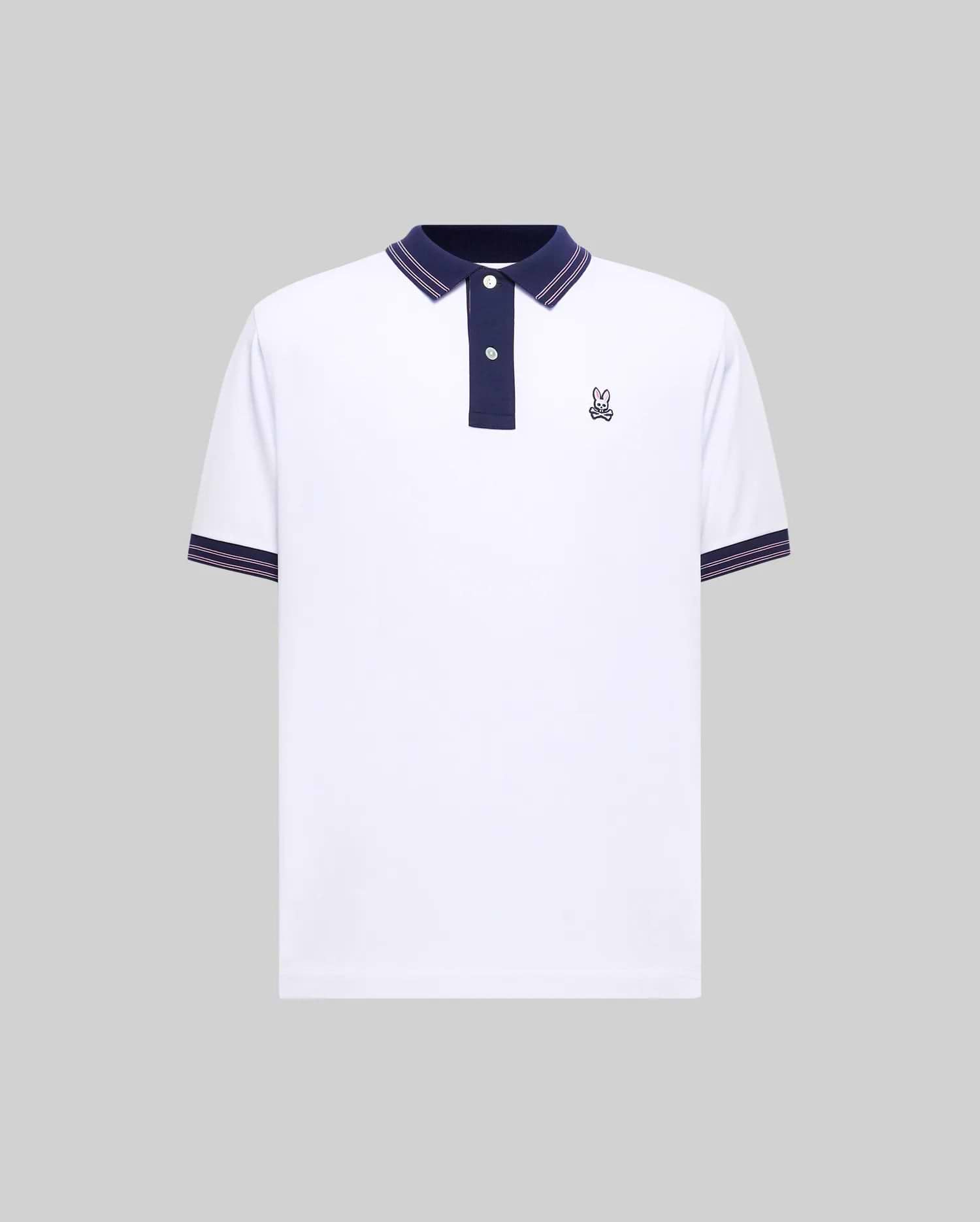 Mens Big And Tall Kenyon Lightweight Pique Polo in white, featuring a navy blue collar with red stripes, two-button placket, and ribbed cuffs with red stripes. Small embroidered Psycho Bunny logo on left chest. (1)