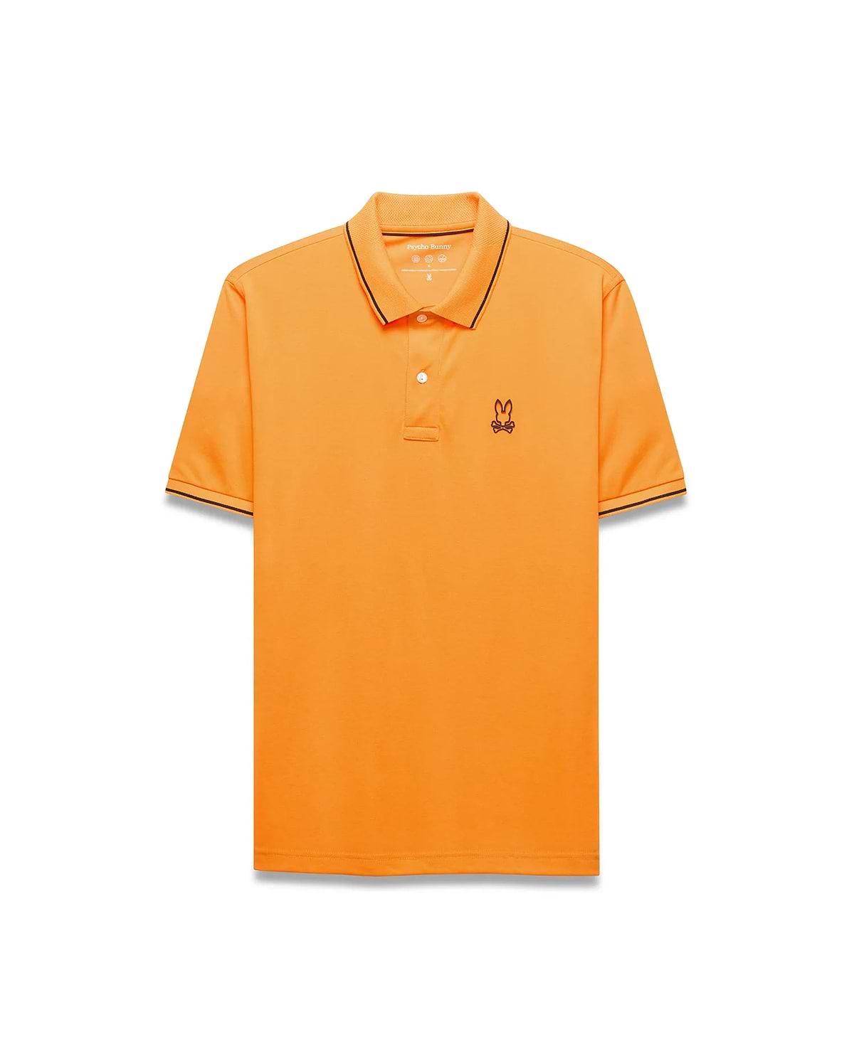 Mens Big And Tall Joji Performance Polo, vibrant orange pique, classic fit, with black-tipped collar/cuffs, white 2-button placket, and small embroidered bunny skull logo on left chest.
