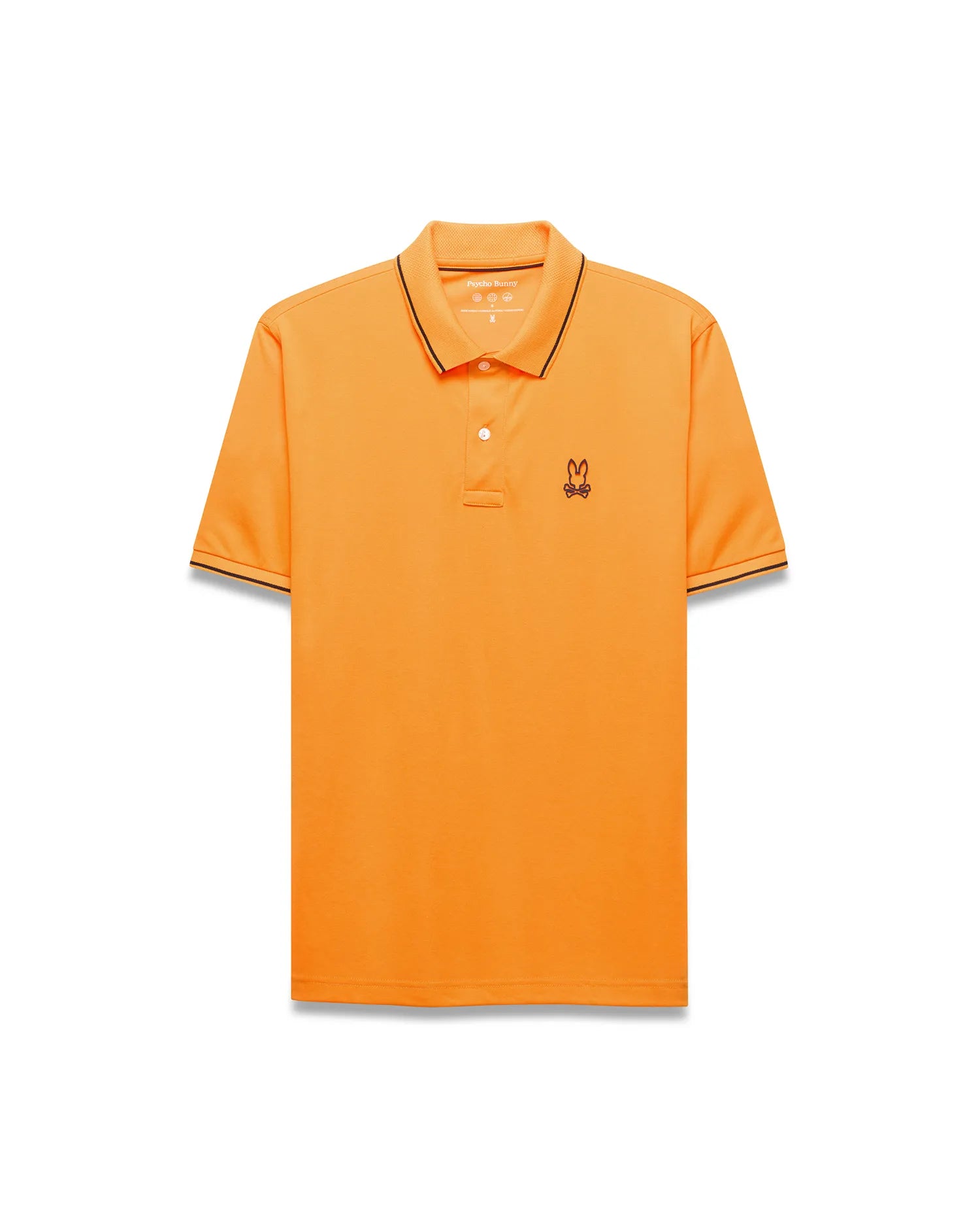 Mens Big And Tall Joji Performance Polo, vibrant orange pique, classic fit, with black-tipped collar/cuffs, white 2-button placket, and small embroidered bunny skull logo on left chest.