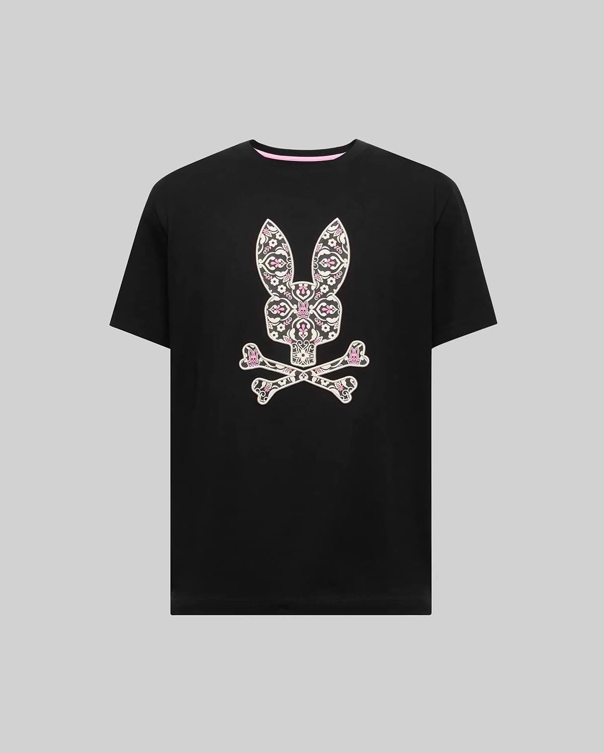 Mens Big And Tall Luke Graphic Tee, a black classic fit jersey t-shirt with a large, centered Psycho Bunny skull and crossbones graphic, intricately patterned in white and pink florals, finished with a pink inner collar. (1)