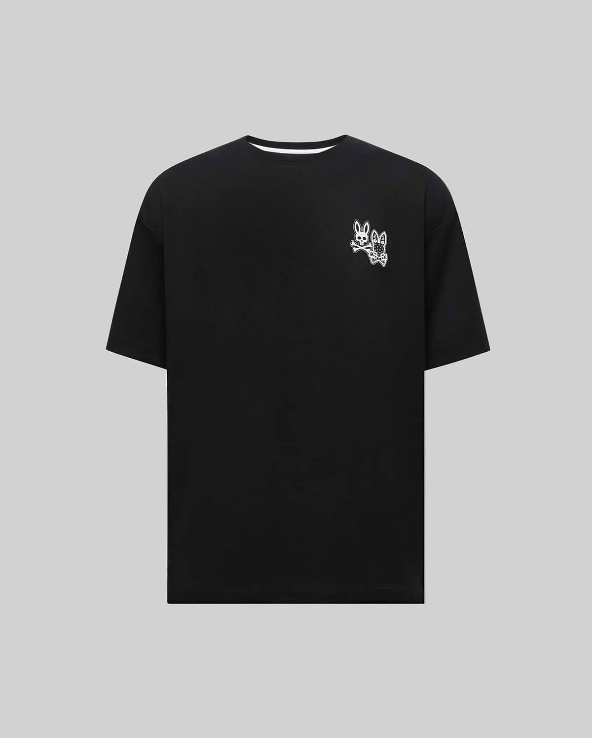 Mens Big And Tall Luke Back Graphic Tee, black relaxed fit jersey knit t-shirt with a white dual Psycho Bunny skull graphic print on the left chest, featuring crossbones and a bandana pattern. (5)