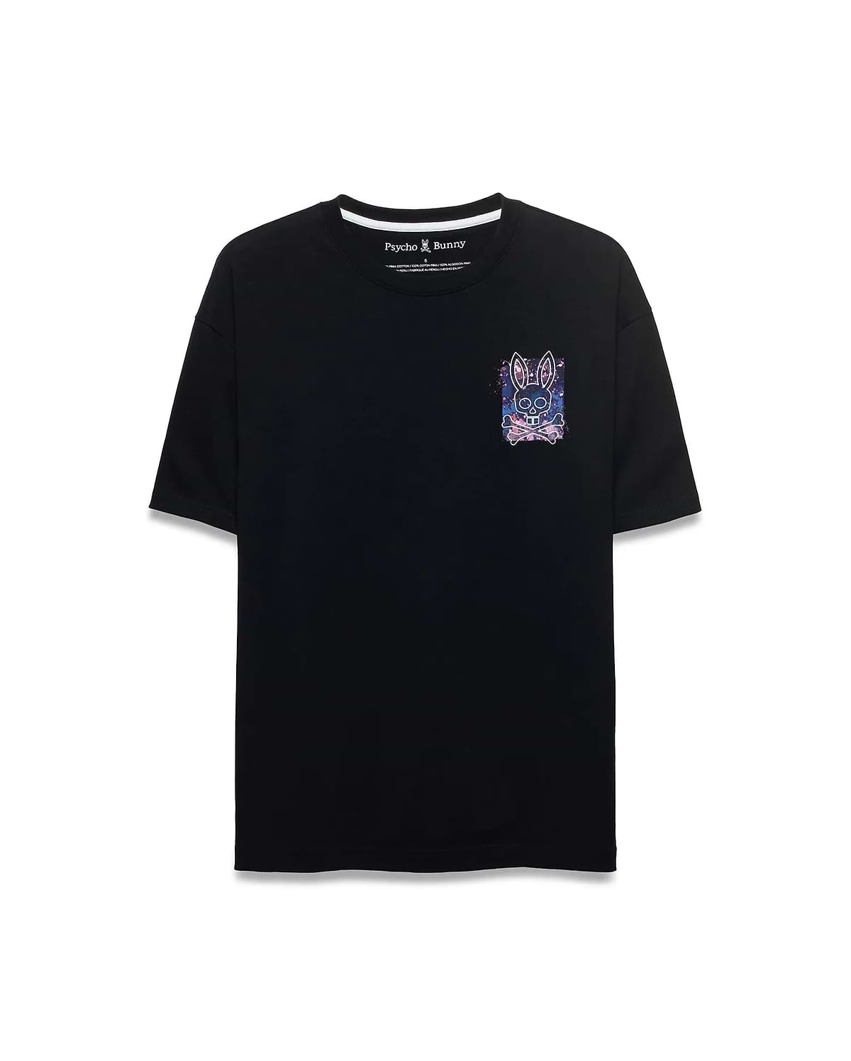 Mens Big And Tall Isaac Splatter Back Graphic Tee, a black relaxed-fit jersey t-shirt with a vibrant pink, purple, and blue splatter graphic featuring the iconic Psycho Bunny skull logo on the left chest.