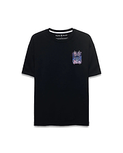 Mens Big And Tall Isaac Splatter Back Graphic Tee, a black relaxed-fit jersey t-shirt with a vibrant pink, purple, and blue splatter graphic featuring the iconic Psycho Bunny skull logo on the left chest.