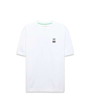 Mens Big And Tall Jaydon Relaxed Fit Tee, a white smooth jersey knit relaxed fit t-shirt, featuring a small embroidered Psycho Bunny skull logo on the left chest in black, white, and green, and green inner collar.