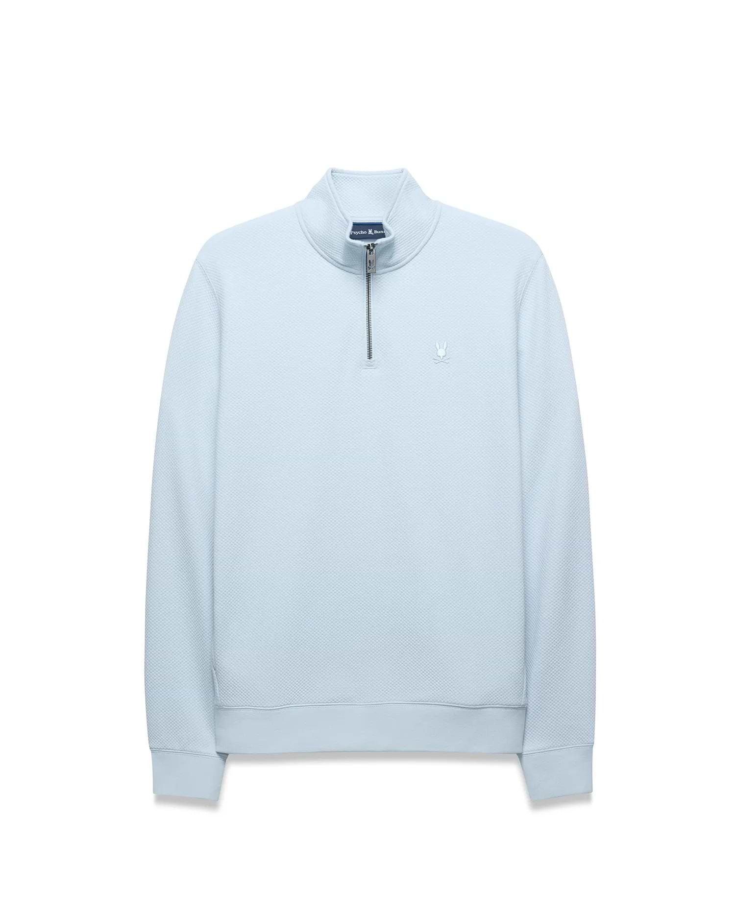 Mens Big And Tall Marc Textured 1/4 Zip in light blue, featuring a textured knit fabric, quarter-zip closure, and an embroidered Psycho Bunny skull logo on the left chest.
