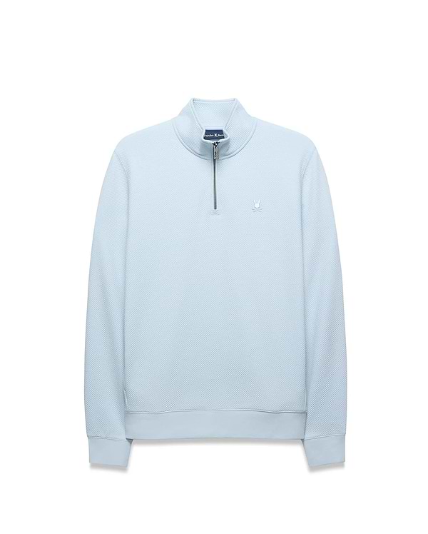 Mens Big And Tall Marc Textured 1/4 Zip in light blue, featuring a textured knit fabric, quarter-zip closure, and an embroidered Psycho Bunny skull logo on the left chest.