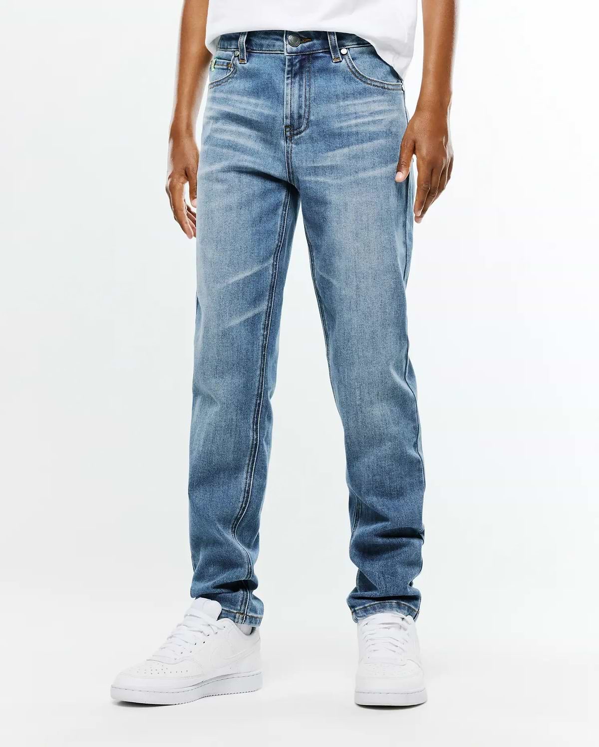 Kids Emerson Denim Pant in a classic straight fit, featuring a medium blue wash with subtle fading, whiskering, and a traditional five-pocket design.