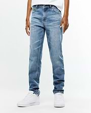Kids Emerson Denim Pant in a classic straight fit, featuring a medium blue wash with subtle fading, whiskering, and a traditional five-pocket design.