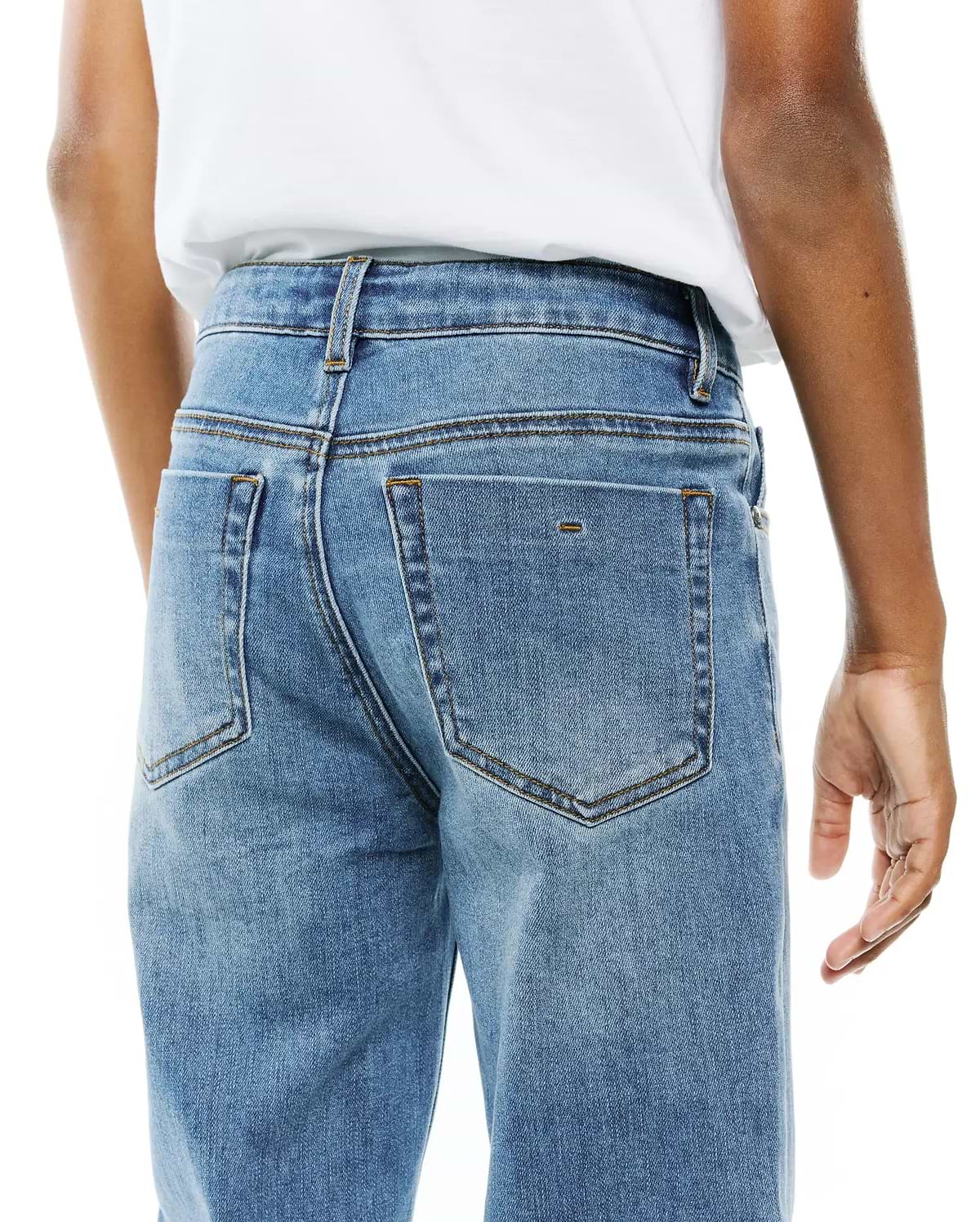 Kids Emerson Denim Pant, light blue classic fit denim with faded wash, brown contrast stitching, and a small embroidered horizontal bar on the right back pocket.