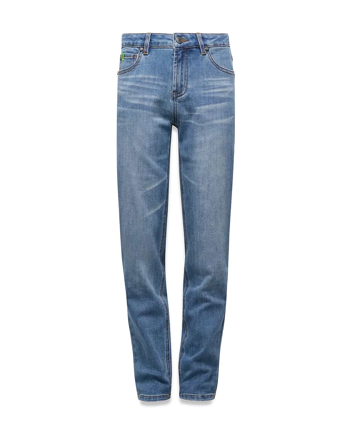 Kids Emerson Denim Pant in light blue denim, featuring a faded wash, classic five-pocket style, and a small green embroidered Psycho Bunny skull logo on the coin pocket.
