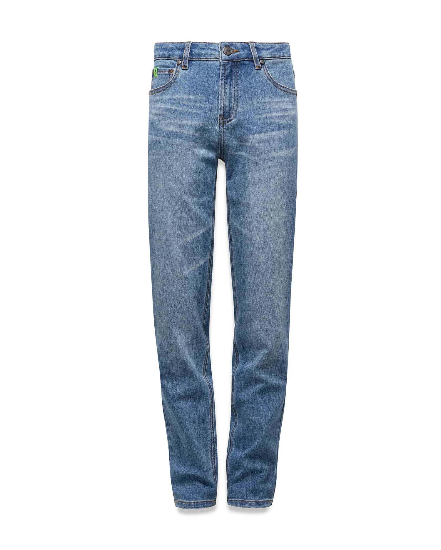 Kids Emerson Denim Pant in light blue denim, featuring a faded wash, classic five-pocket style, and a small green embroidered Psycho Bunny skull logo on the coin pocket.