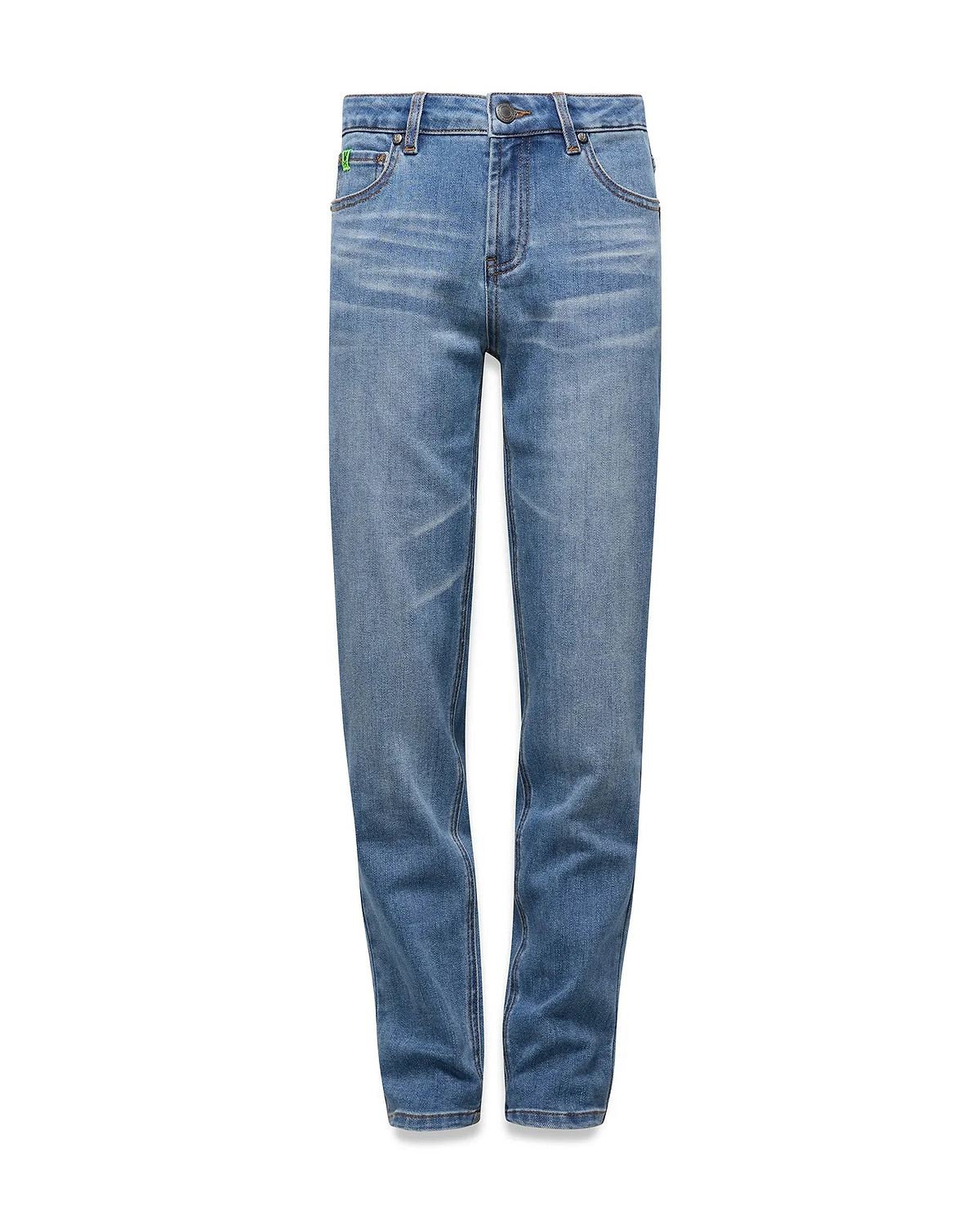 Kids Emerson Denim Pant in light blue denim, featuring a faded wash, classic five-pocket style, and a small green embroidered Psycho Bunny skull logo on the coin pocket.