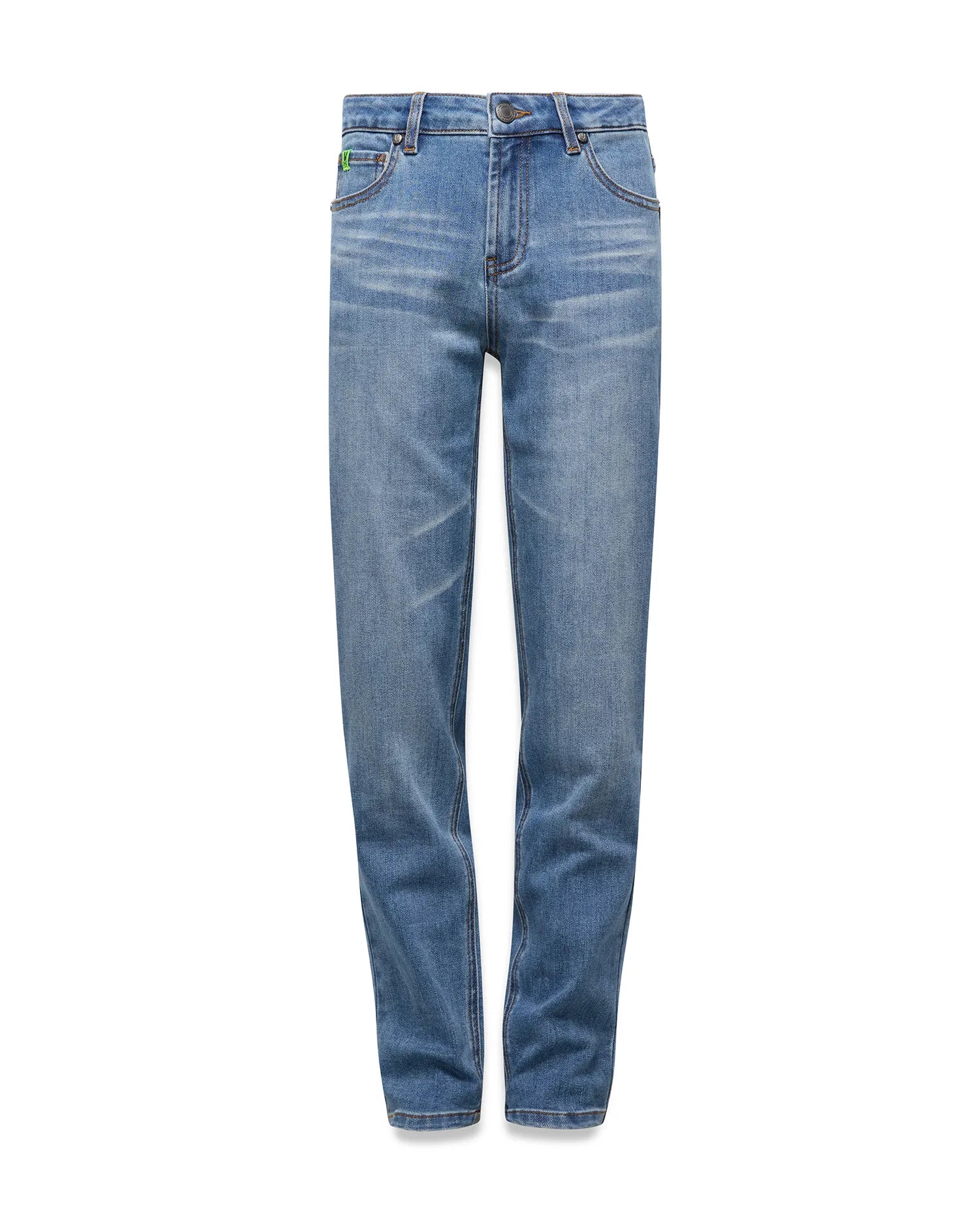 Kids Emerson Denim Pant in light blue denim, featuring a faded wash, classic five-pocket style, and a small green embroidered Psycho Bunny skull logo on the coin pocket.
